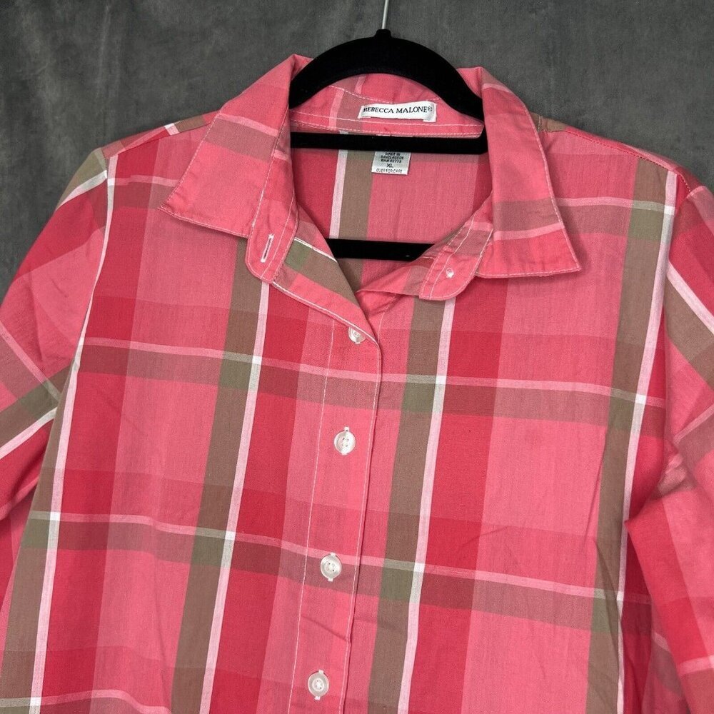 Rebecca Malone Top XL Casual Button Up 3/4 Sleeve Pink Plaid Blouse Collared - Picture 5 of 8